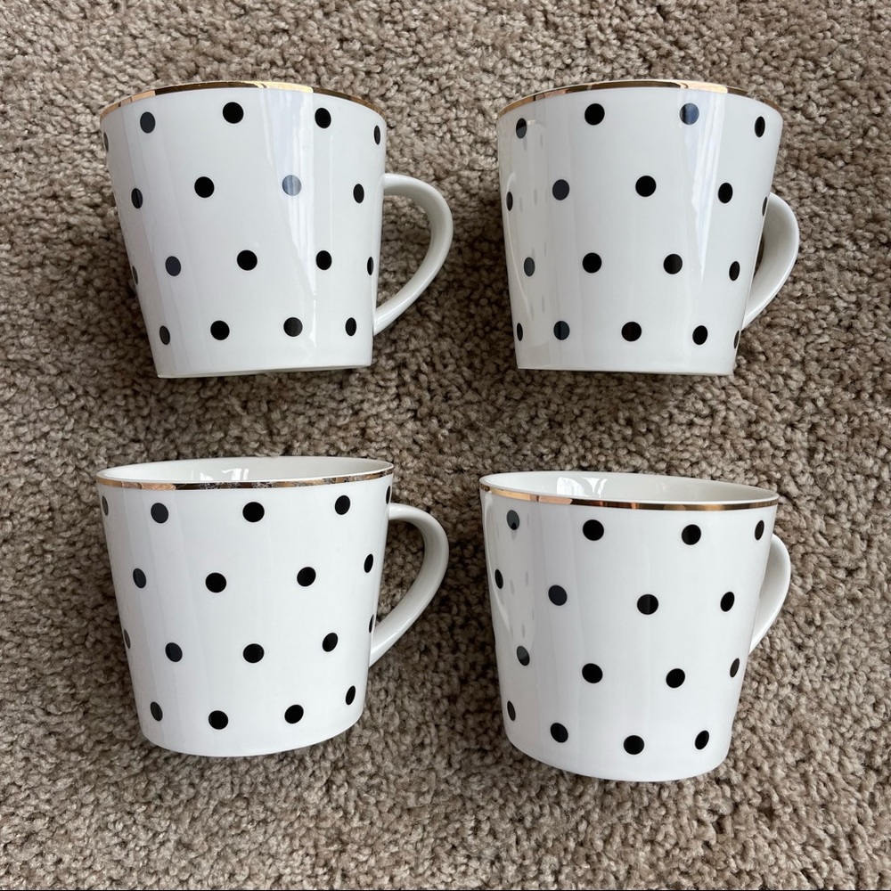 Set of 4 Mugs, White w/Black Polka Dots and Gold Accent on the Rim